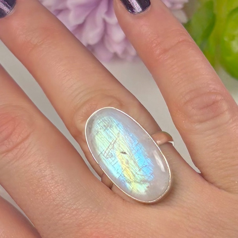 Pure Sterling Silver 925 Rainbow Moonstone Ring Size 8 1/2 8.5 Boho Southwest